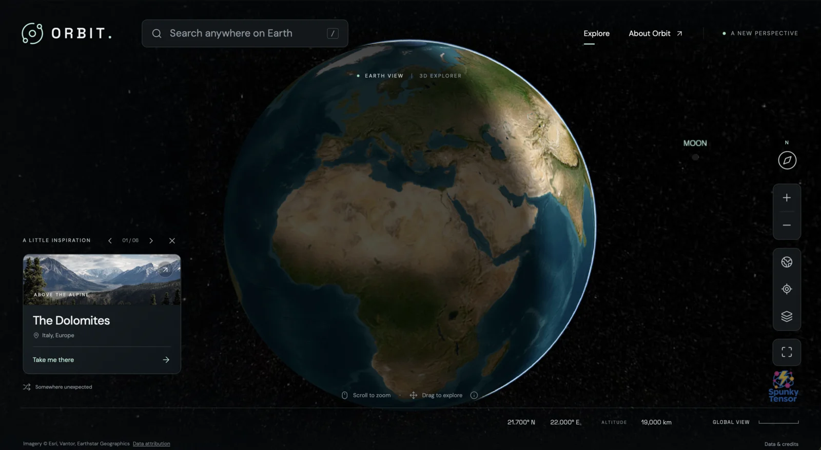 Orbit Earth Explorer showing a 3D globe, search controls, and a Dolomites destination card.
