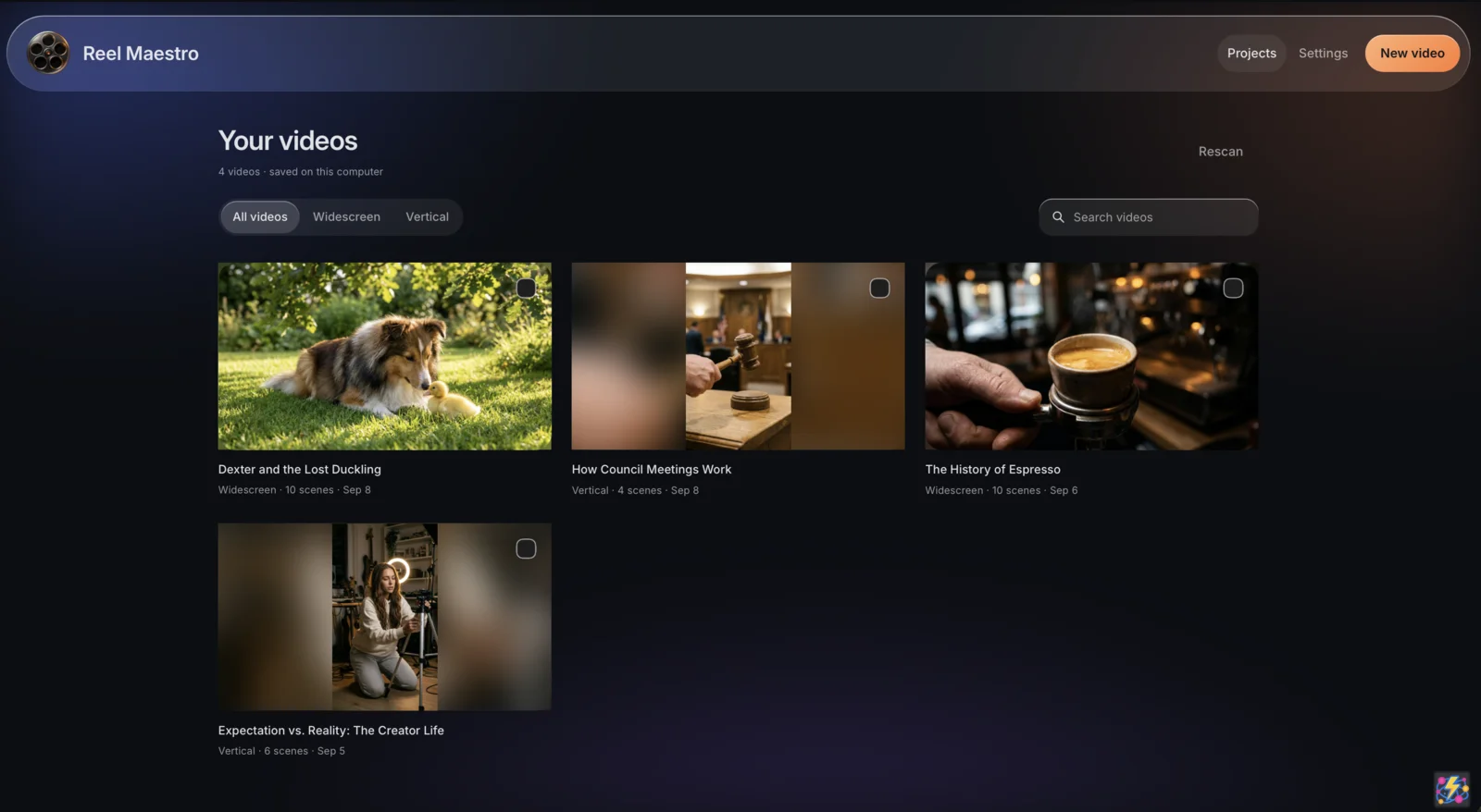 Reel Maestro video library with saved landscape and vertical videos.